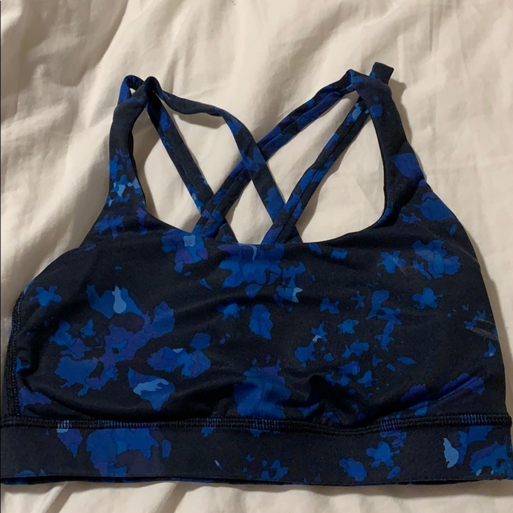 Lulu Lemon Energy Bra in black with blue pattern